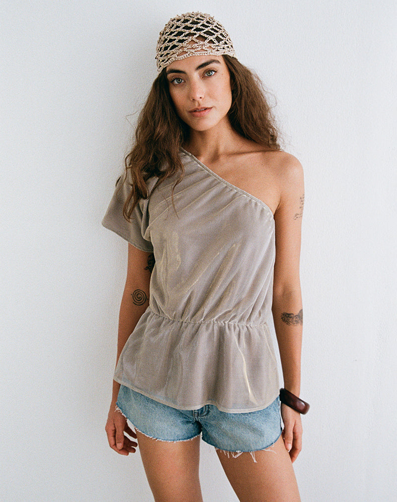 Astria One Shoulder Tie Belt Top in Gold Plisse