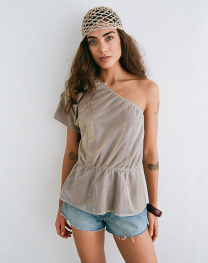 Astria One Shoulder Tie Belt Top in Gold Plisse