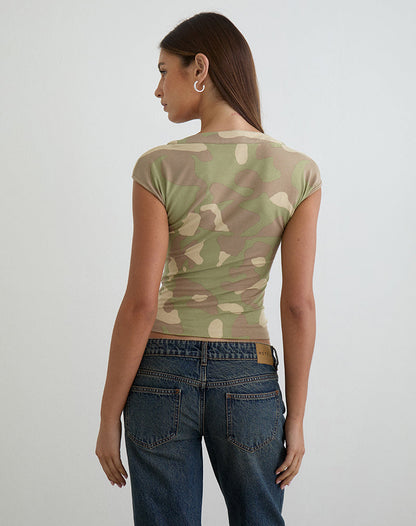 Atheia Gathered V-Neck Top in Blurry Camo Khaki