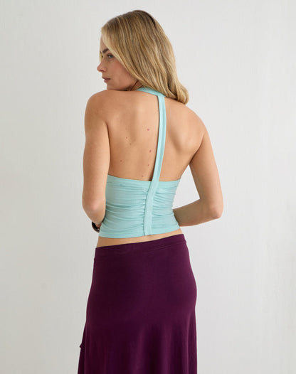 Athenia Ruched V Neck Top in Rayon Jersey Aqua