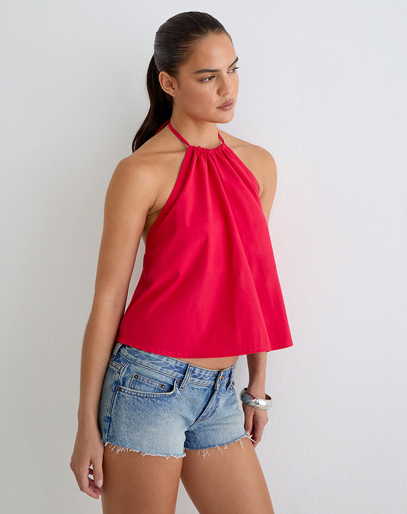 Aure Halterneck Top in Poplin Scarlet Red