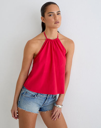 Aure Halterneck Top in Poplin Scarlet Red