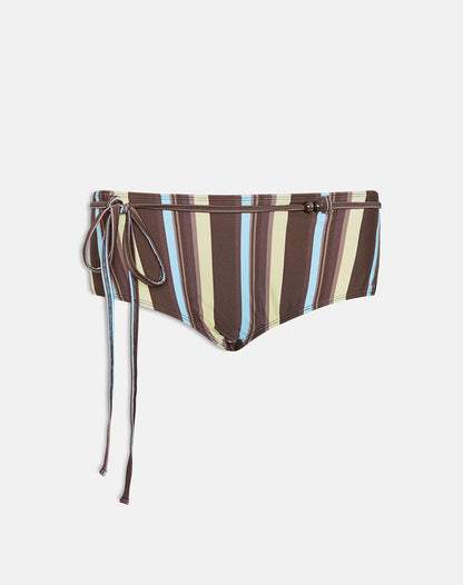 Avi Swim Short in Brown and Blue Linear Stripe with Tie Waist