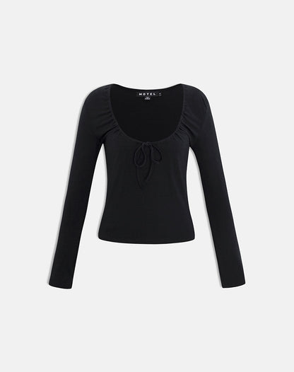 Aye Plunge Long Sleeve Top with Ruched Neck in Black