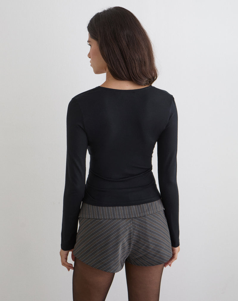 Aye Plunge Long Sleeve Top with Ruched Neck in Black