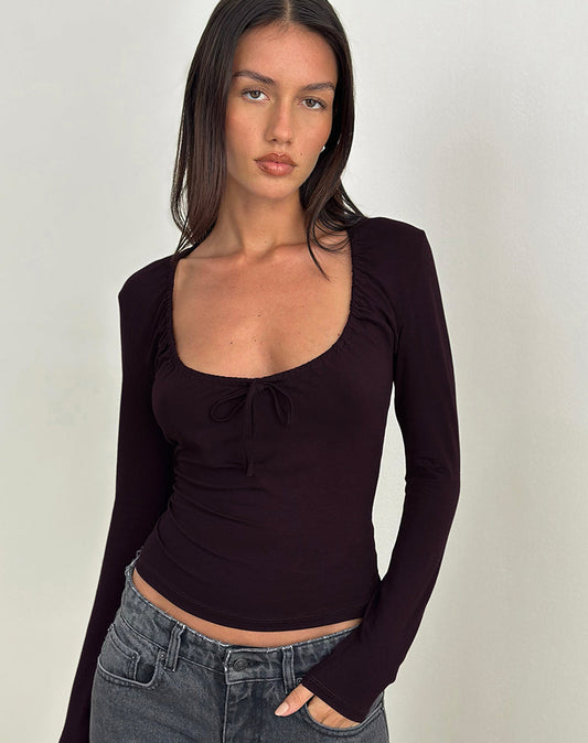 Aye Plunge Long Sleeve Top with Ruched Neck in Redwood