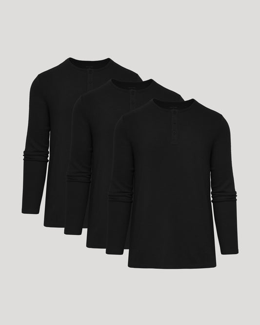 Black Waffle Long Sleeve Henley 3-Pack
