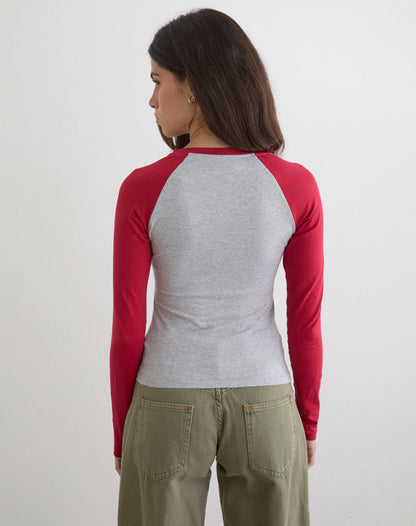 Balqis Long Sleeve Top in Grey Marl Adrenaline Red Combination