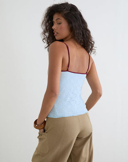 Barlyn Cami Top in Lace Turquoise with Burgundy Binding