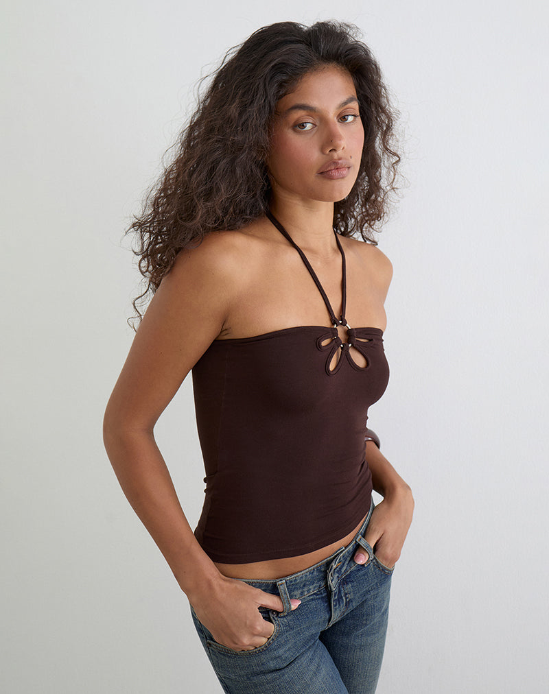 Baya Halterneck Top with Flower Ring in Bitter Chocolate