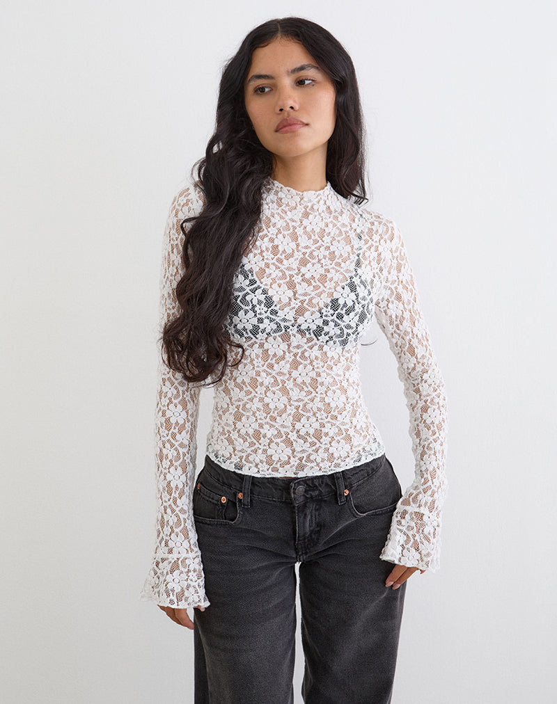 Beerus Long Sleeve Mock Neck Top in Lace Ivory