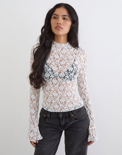 Beerus Long Sleeve Mock Neck Top in Lace Ivory