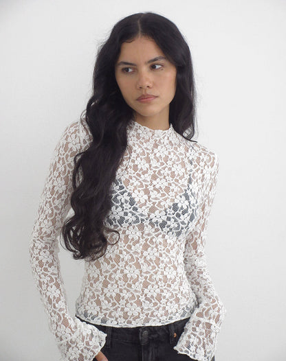 Beerus Long Sleeve Mock Neck Top in Lace Ivory