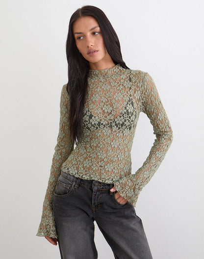 Beerus Long Sleeve Mock Neck Top in Lace Sage Green