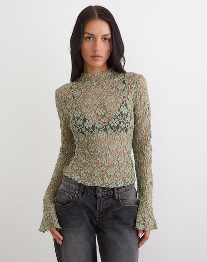 Beerus Long Sleeve Mock Neck Top in Lace Sage Green