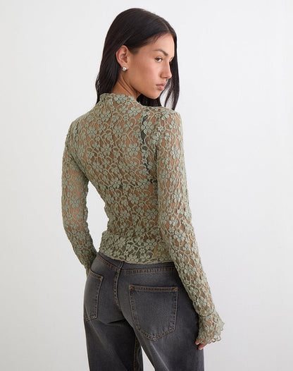 Beerus Long Sleeve Mock Neck Top in Lace Sage Green