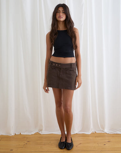 Belted Denim Mini Skirt in Chocolate Brown