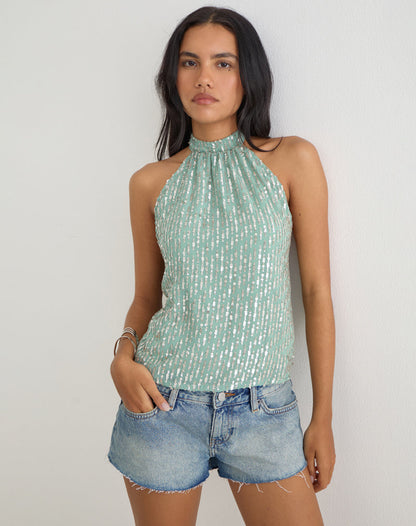 Beyi Halterneck Top in Chiffon Sequin Jade