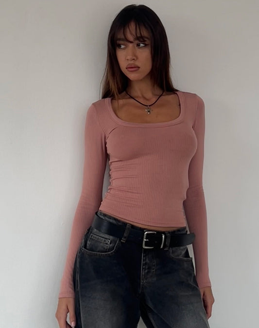 Binlo Extra Long Sleeve Top in Dusty Pink Rib