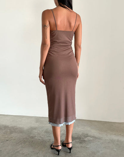 Bisilk Midi Dress in Mesh Brown with Light Blue