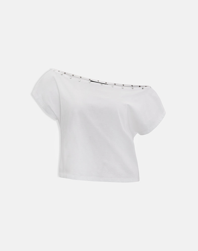 Bizzy Top with Studded Neckline in Off White