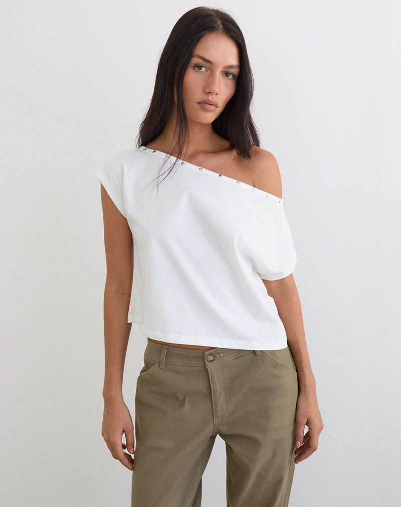 Bizzy Top with Studded Neckline in Off White