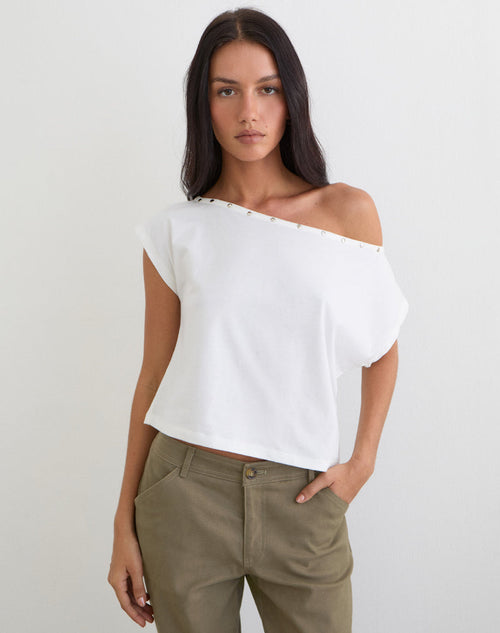 Bizzy Top with Studded Neckline in Off White