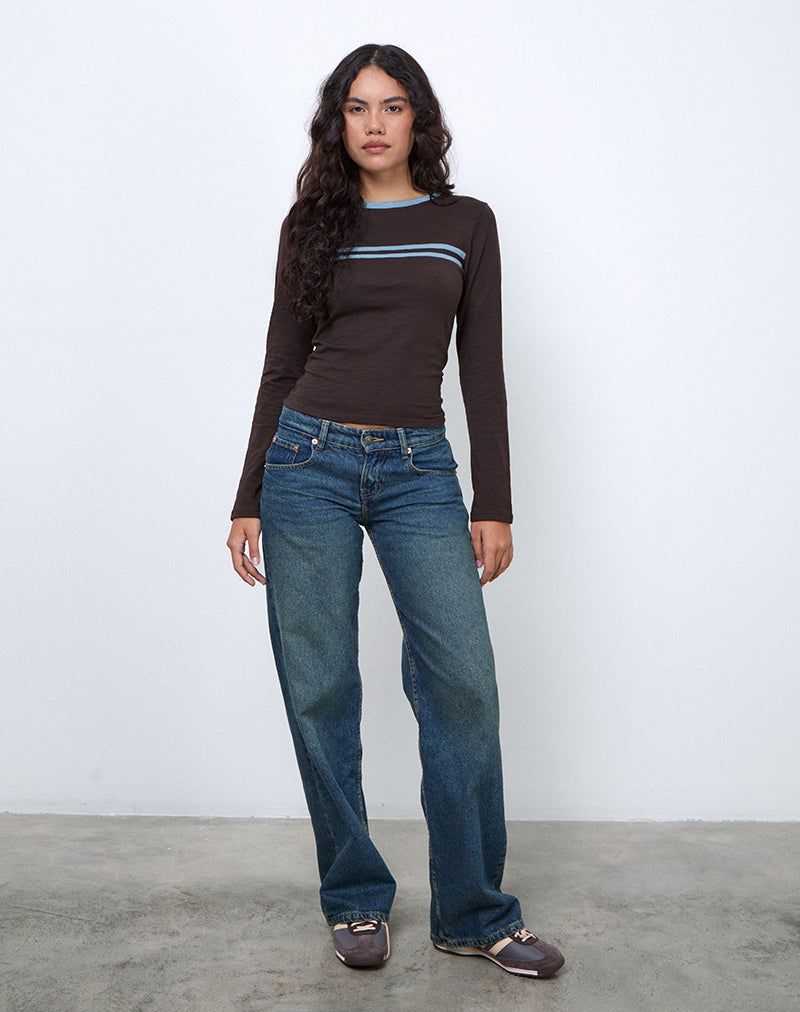 Bonjita Long Sleeve Top in Chocolate Brown with Ash Blue Two Stripe Binding