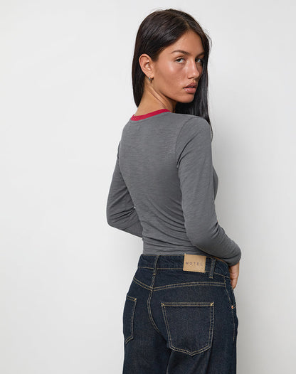 Bonjita Long Sleeve Top in Storm Grey with Adrenaline Red Binding