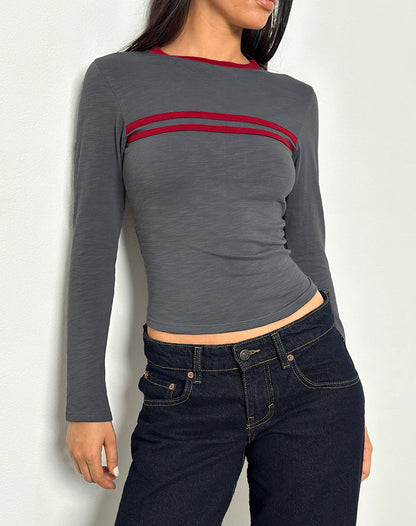 Bonjita Long Sleeve Top in Storm Grey with Adrenaline Red Binding