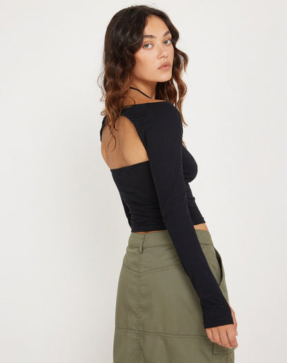Braja Long Sleeve Halterneck Top in Black