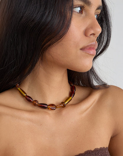 Brown and Yellow Glass Beaded Gold Plated Necklace