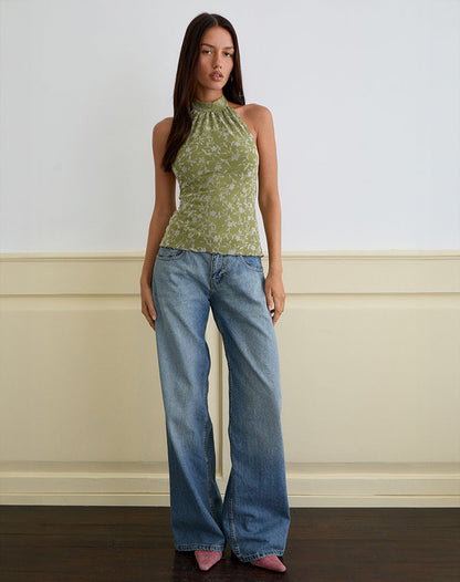 Burkie Halterneck Top in Pretty Petal Flock Olive
