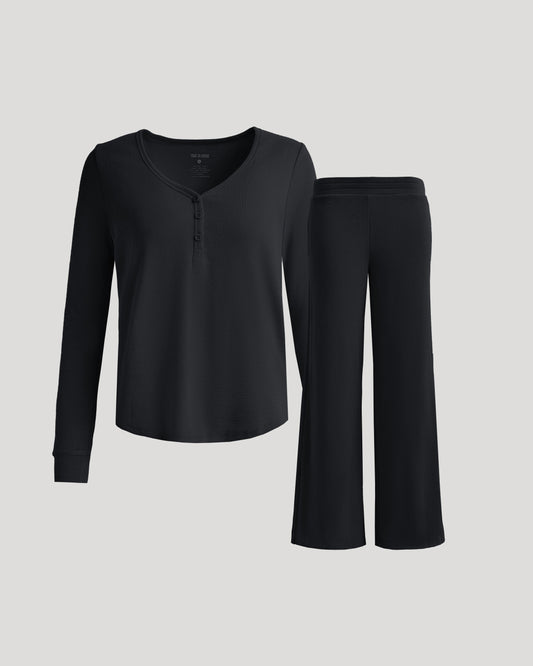 Womens Black Waffle Long Sleeve Henley & Waffle Leg Pant 2-Pack