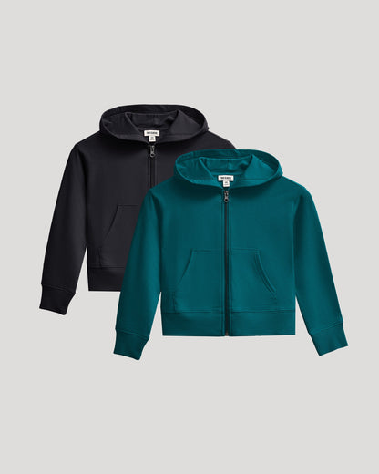 Girls Black & Deep Emerald Cropped Zip Hoodie 2-Pack