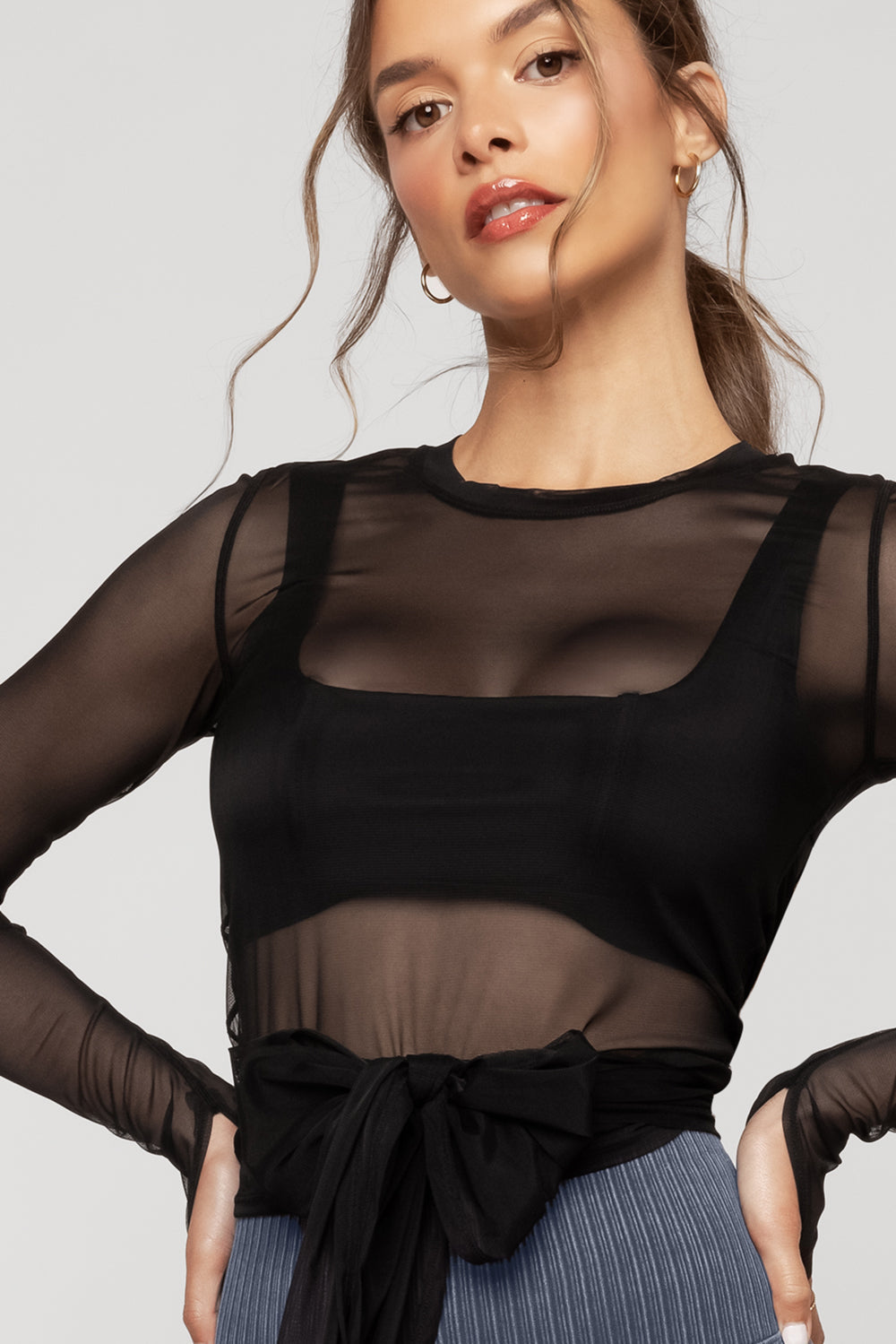 Bow Back Mesh Reversible Long Sleeve Top - Black
