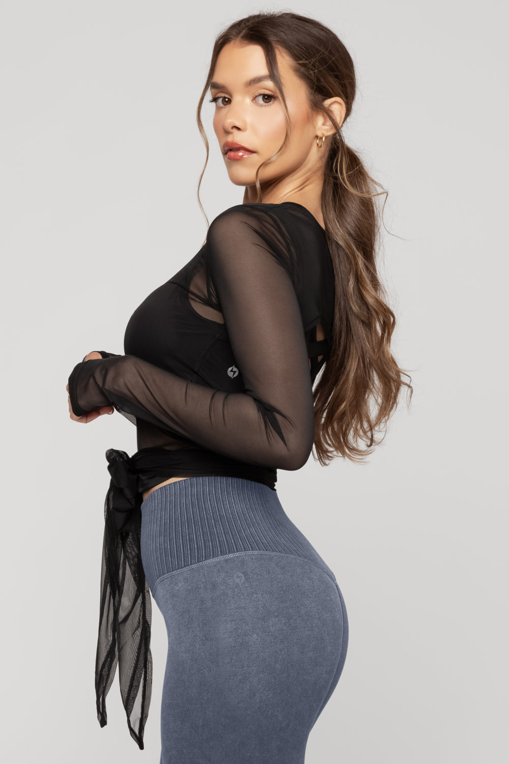 Bow Back Mesh Reversible Long Sleeve Top - Black
