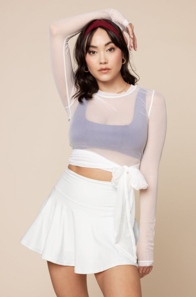 Bow Back Mesh Reversible Long Sleeve Top - Bright White