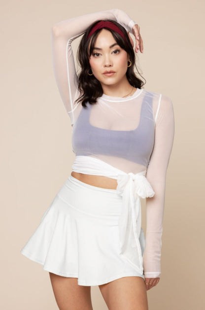 Bow Back Mesh Reversible Long Sleeve Top - Bright White