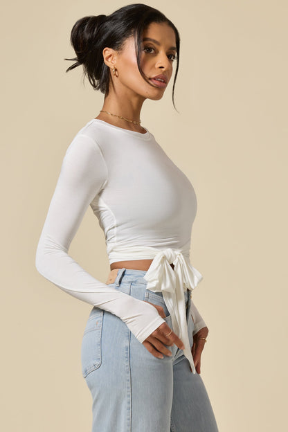 Bow Back Reversible Long Sleeve Top - White