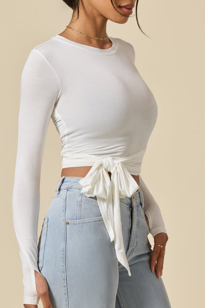 Bow Back Reversible Long Sleeve Top - White