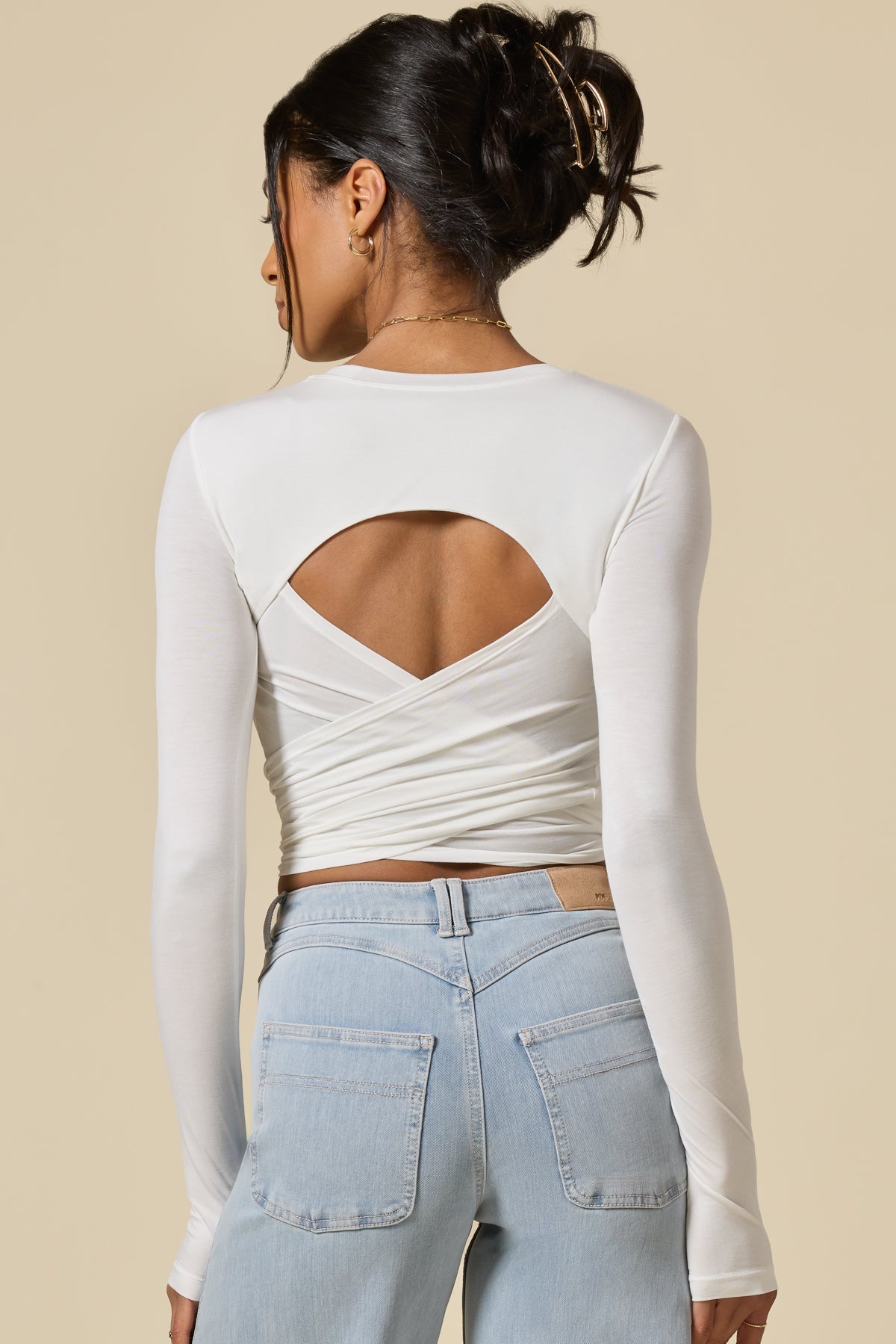 Bow Back Reversible Long Sleeve Top - White
