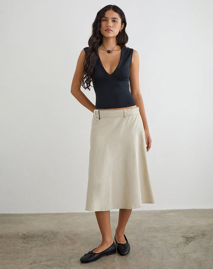 Cabot Midi Skirt with Belt in Cotton Twill Latte