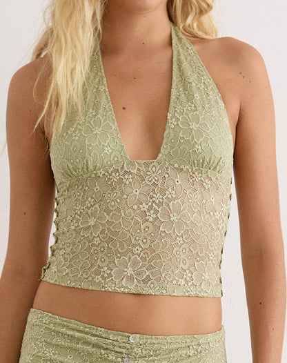 Calora Top in Stretch Lace Sage with Pearl Button