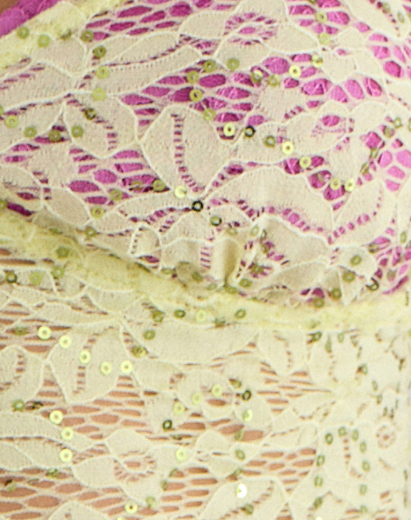 Calya Cami Top in Double Layer Sequin Lace Lime and Pink