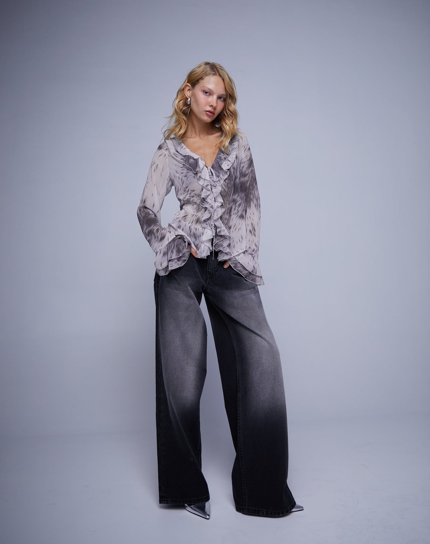 Cecelia Ruffle Detail Blouse in Distorted Animal Print