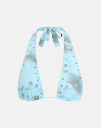Cerry Bikini Top in Blurry Leafy Leopard Blue with Studs