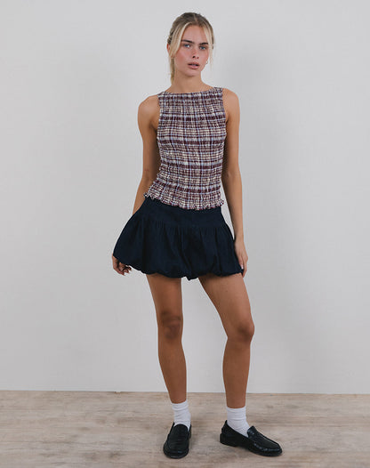 Ciripa Shirred Sleeveless Top in Multi Check Brown