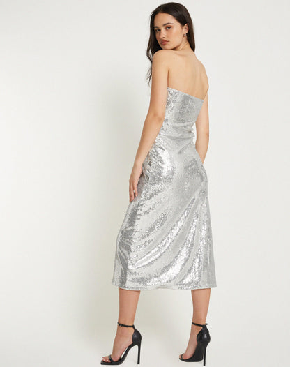 Cleosa Bandeau Maxi dress in Silver Chrome