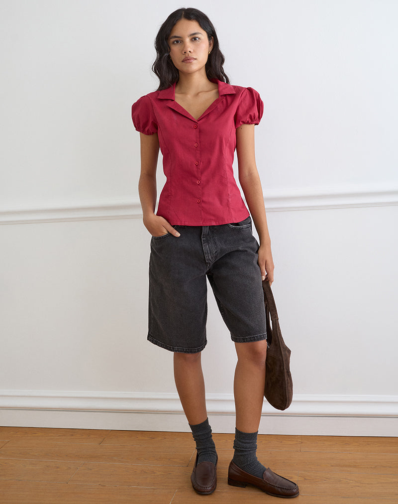 Cloma Fitted Blouse with Puff Sleeves in Adrenaline Red